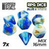 7x Dados Mix RPG 16mm Azul Blanco