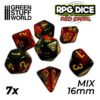7x Dados Mix RPG 16mm Rojo Marmol